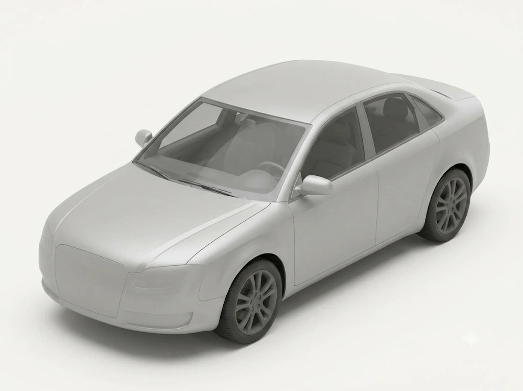 The Sahraye 3D condition map: a silver sedan with a dent marked on the front door and a repaint on the bonnet.