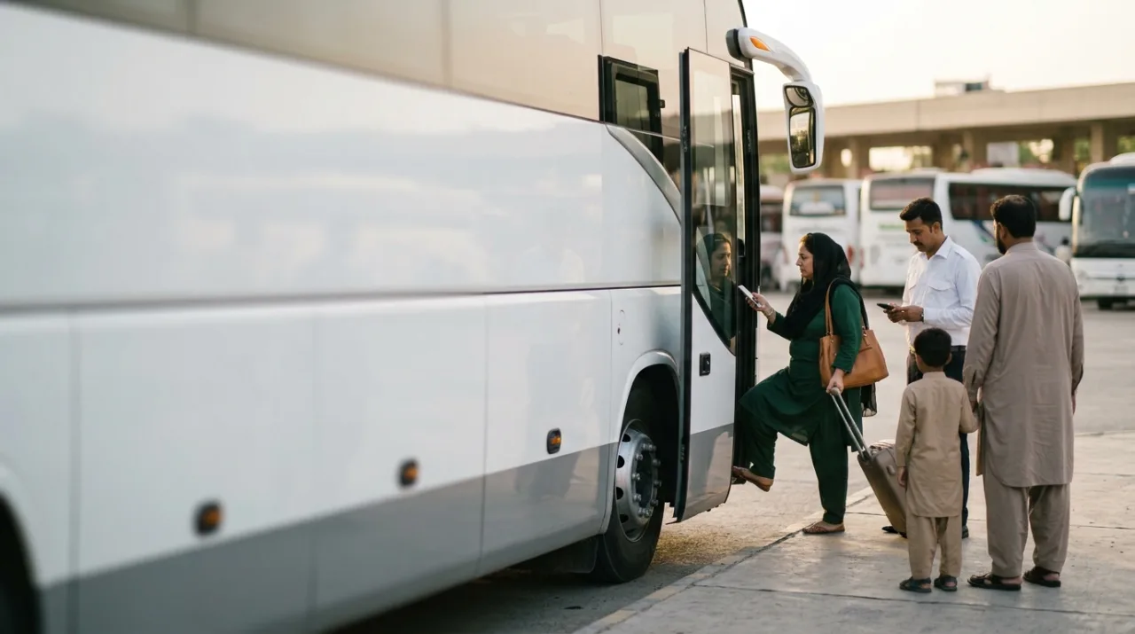 A woman boarding an intercity coach at an Islamabad terminal, her ticket on her phone