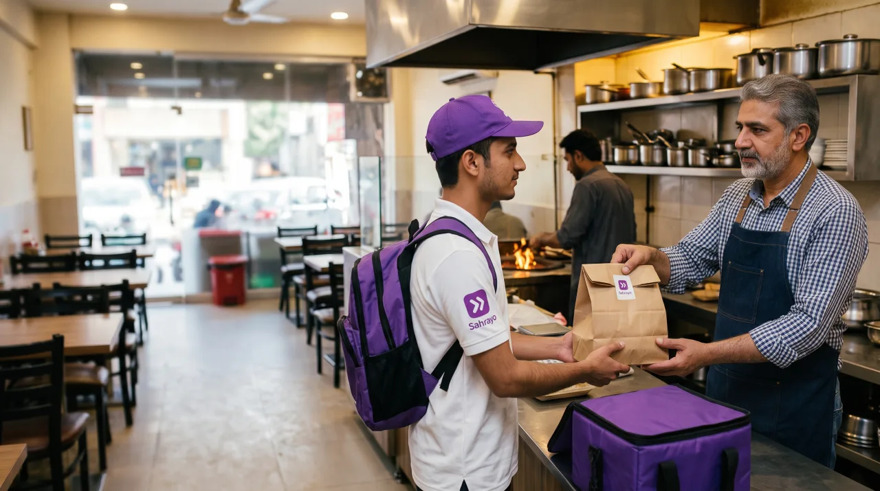 A Lahore restaurant owner handing an order across his counter to a Sahraye rider