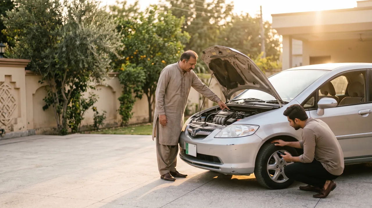A buyer inspecting a used car in an Islamabad driveway while the seller explains at the open bonnet