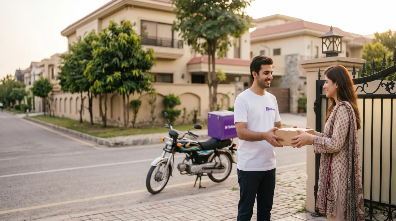 A Sahraye rider handing a parcel to a customer at the gate of her house in Lahore