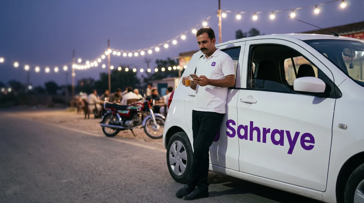 A Sahraye driver on a chai break at a roadside dhaba at dusk, leaning against his wrapped car