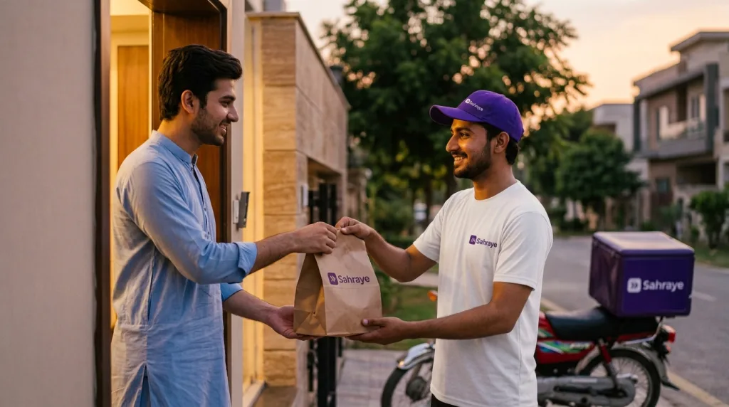 A Sahraye rider handing a food bag to a customer at his apartment door at dusk