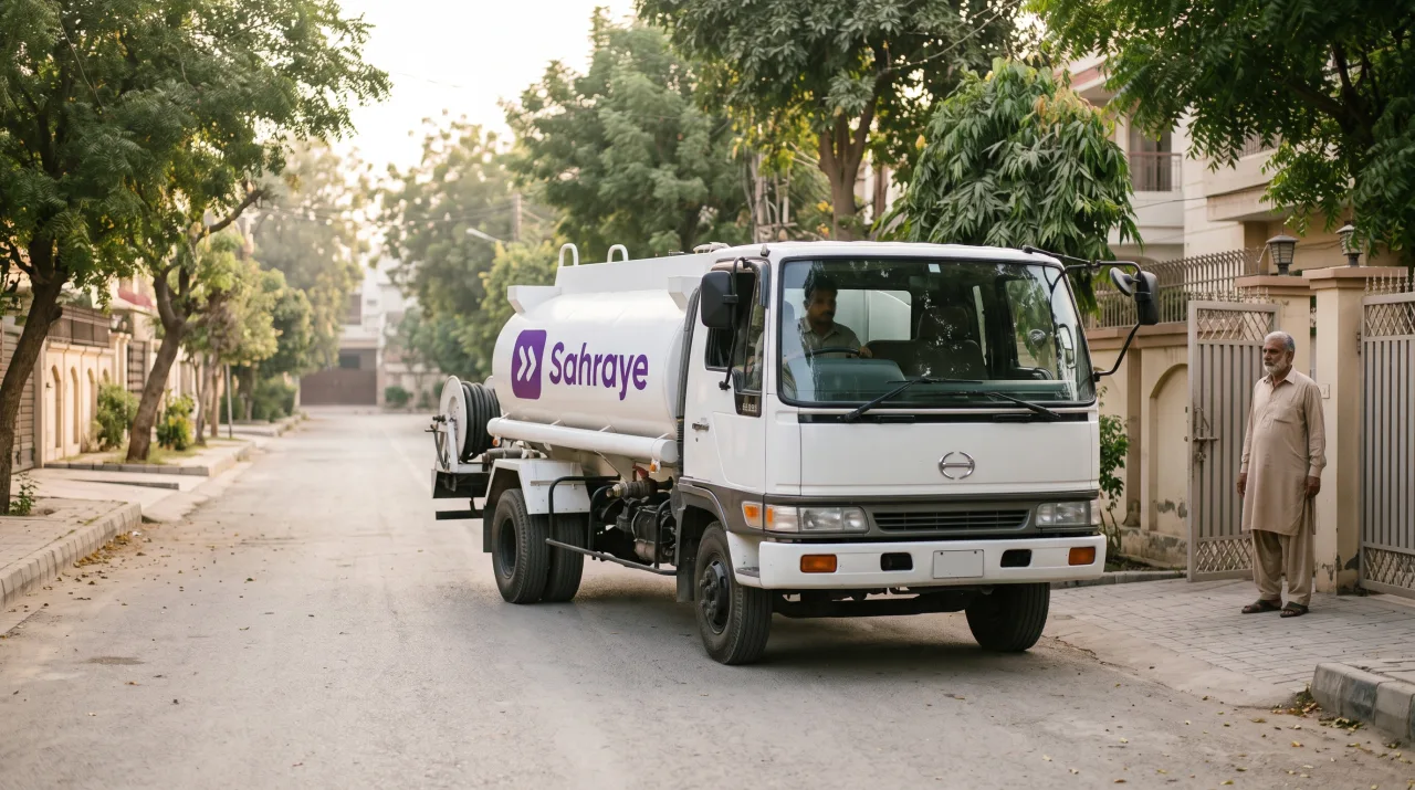 A Sahraye water tanker arriving on a residential street in Karachi