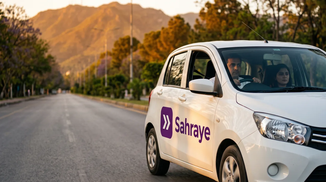 A white Sahraye car with the logo printed on its door, driving down Margalla Road in Islamabad at golden hour