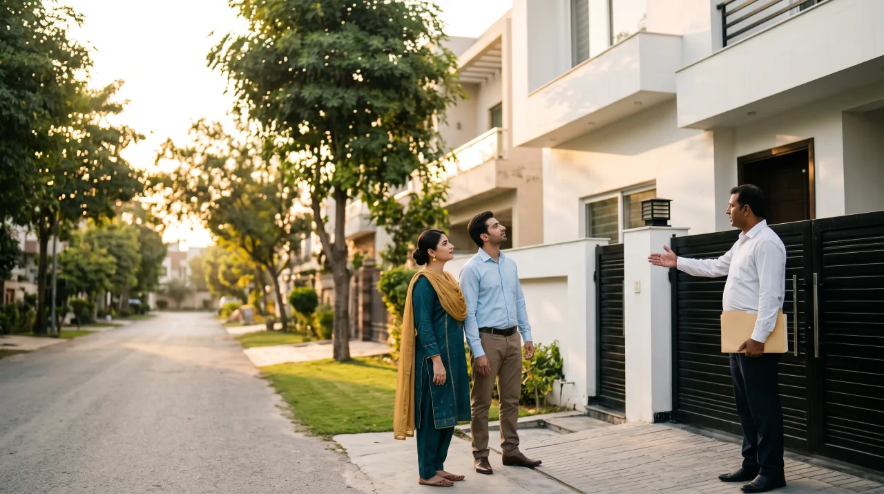A couple viewing a house in DHA Lahore with a property agent