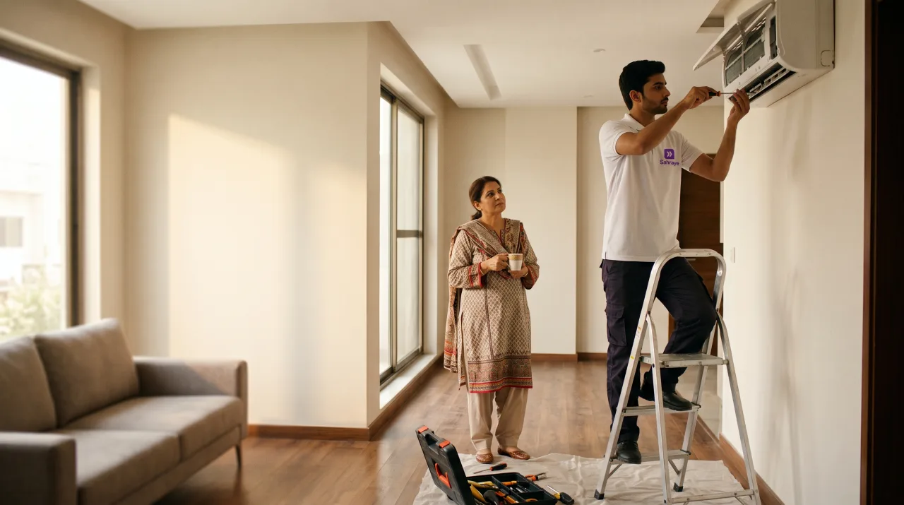 A Sahraye technician servicing a split air conditioner in an Islamabad living room