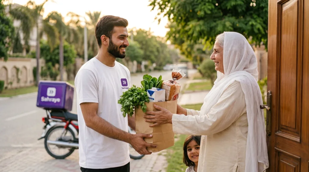 A Sahraye rider handing grocery bags to a grandmother at her front door in Rawalpindi