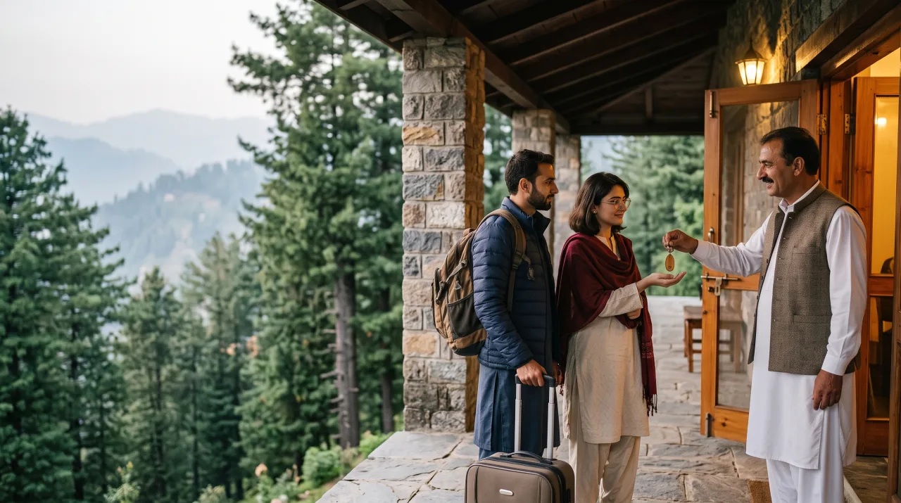 A guesthouse host in Nathia Gali handing the room key to an arriving couple