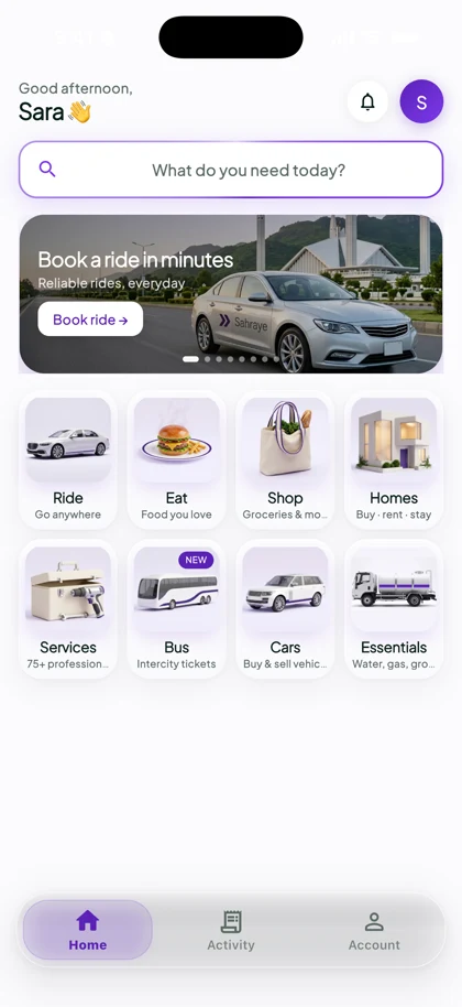 The Sahraye home screen: Ride, Eat, Shop, Homes, Services, Bus, Cars and Essentials as one grid of tiles.