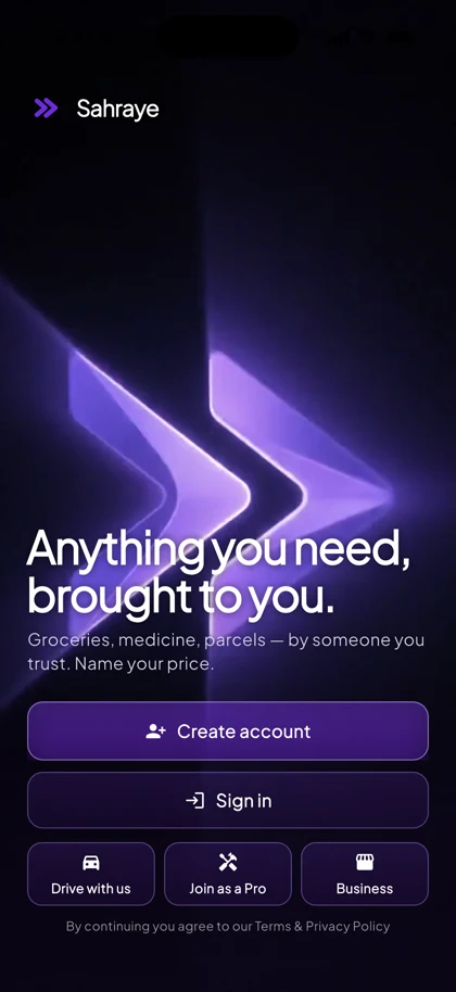 The Sahraye welcome screen, where drivers start the sign-up flow